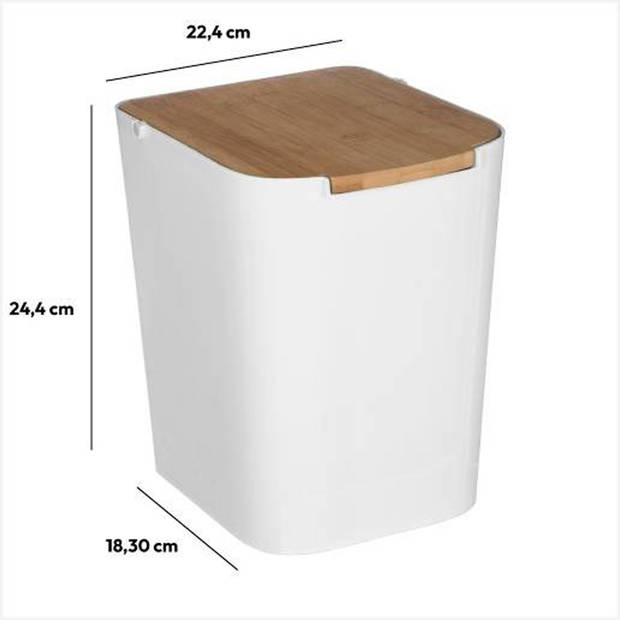 5Five prullenbak/vuilnisbak - 5 liter - bamboe - wit/lichtbruin - 24 x 19 cm - badkamer afvalbak - Pedaalemmers