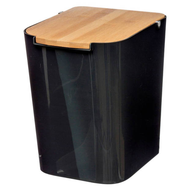 5Five prullenbak/vuilnisbak - 5 liter - bamboe - zwart/lichtbruin - 24 x 19 cm - badkamer afvalbak - Pedaalemmers