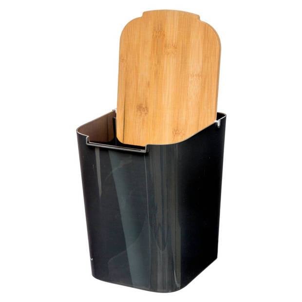 Badkamer/toilet accessoires set - WC-borstel in houder en prullenbak - zwart - bamboe - 5 liter - Badkameraccessoireset