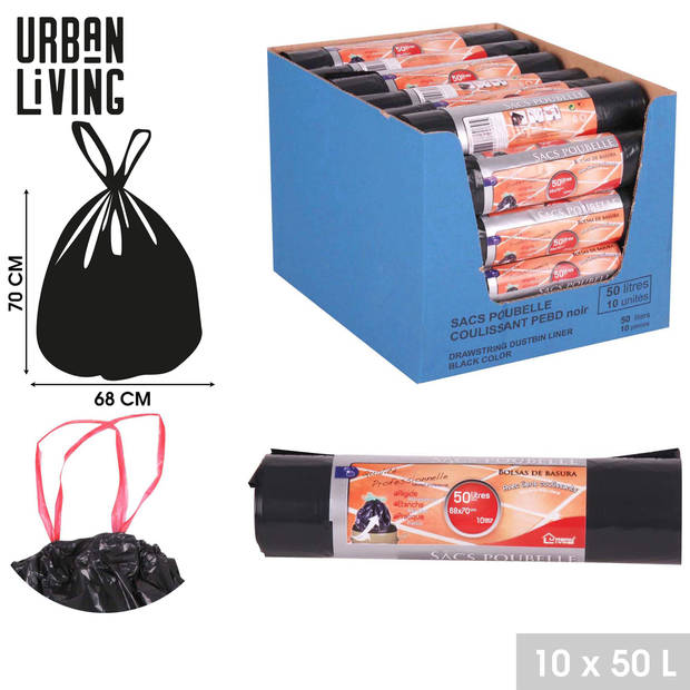 Urban Living afvalzakken/vuilniszakken - 10x stuks - 50 liter - trekbandsluiting - Vuilniszakken