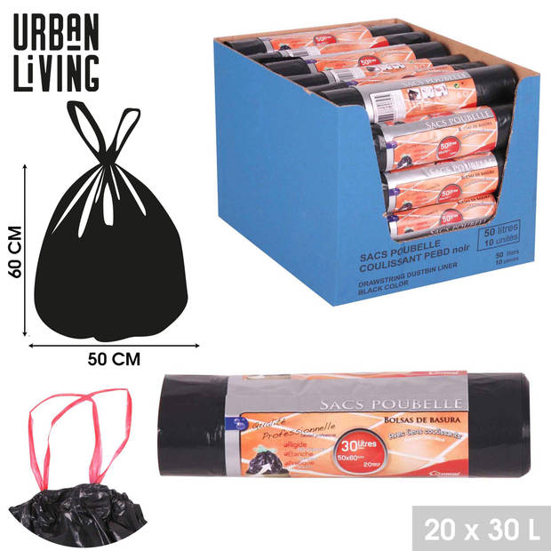 Urban Living afvalzakken/vuilniszakken - 60x stuks - 30 liter - trekbandsluiting - Vuilniszakken