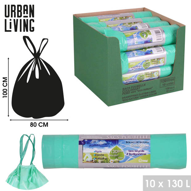 Urban Living containerzakken/vuilniszakken bio - 10x stuks - 130 liter - trekbandsluiting - Vuilniszakken