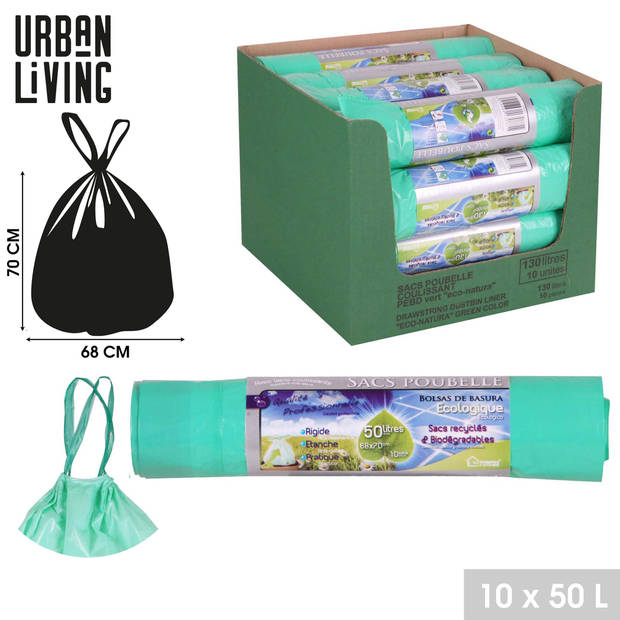 Urban Living afvalzakken/vuilniszakken eco - 10x stuks - 50 liter - trekbandsluiting - Vuilniszakken