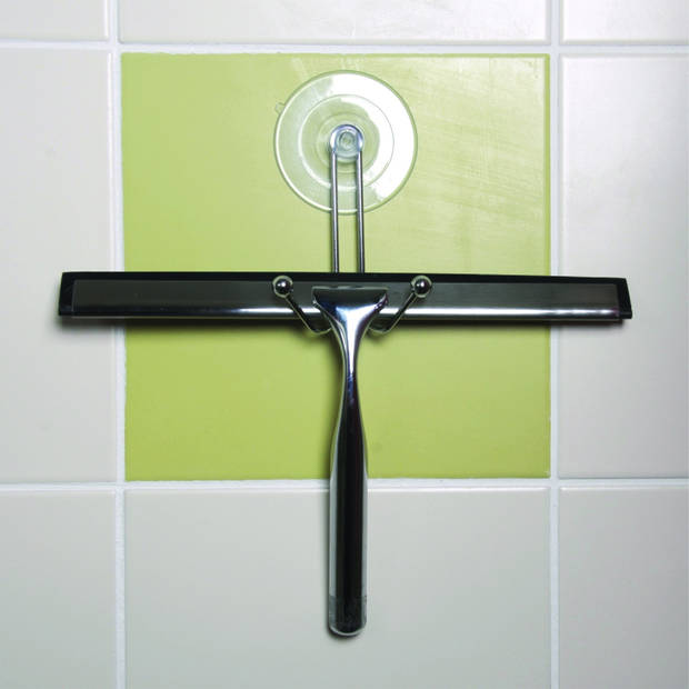 MSV Douche/badkamer raamwisser - kunststof - zwart - met ophang lus aan zuignap - 25 cm - Raamwissers