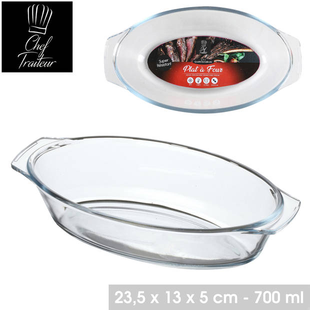 Chef Traiteur Ovenschaal van borosilicaat glas - 2x - ovaal - 0.7 Liter - 24 x 13 x 5 cm - Ovenschalen