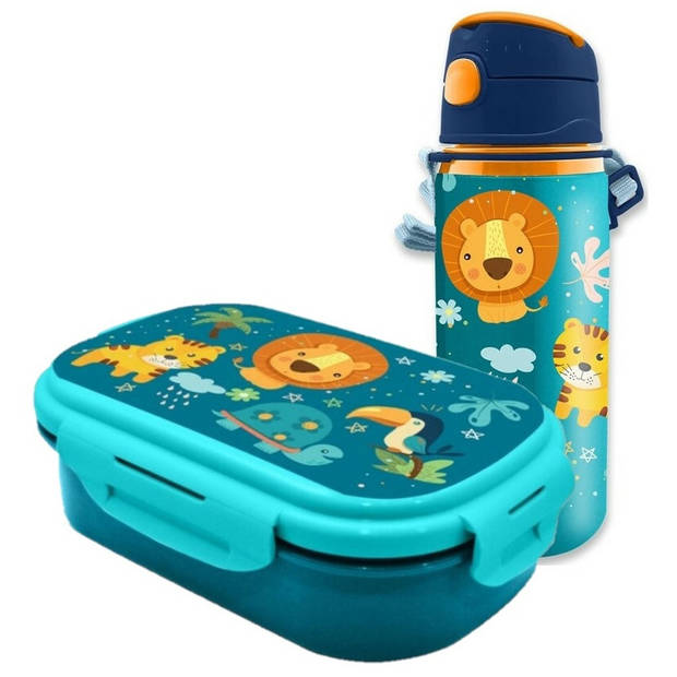 jungle Kids - Into the Jungle - lunchbox set voor kinderen - 2-delig - blauw - kunststof - Lunchboxen