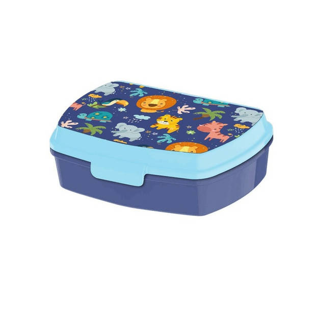 Jungle Kids - Into the jungle&nbsp;broodtrommel/lunchbox voor kinderen - blauw - kunststof - 20 x 10 cm - Lunchboxen