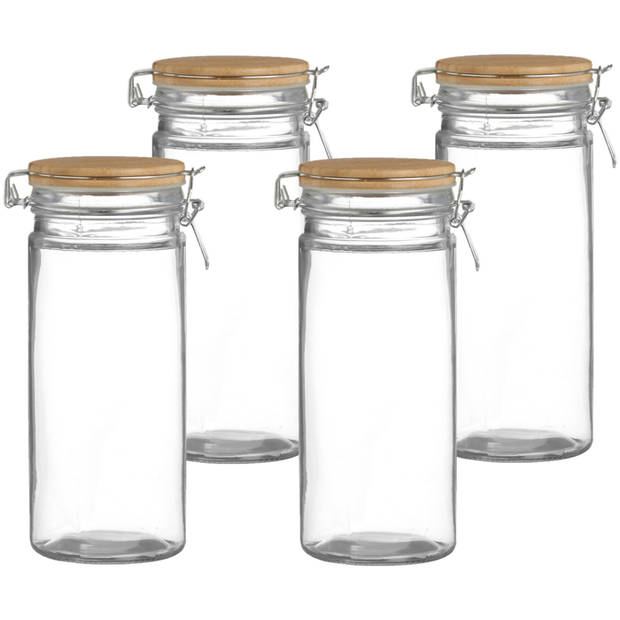 Urban Living Voorraadpot/bewaarpot - 4x - 1,3L - glas - met beugelsluiting - bamboe deksel - Voorraadpot