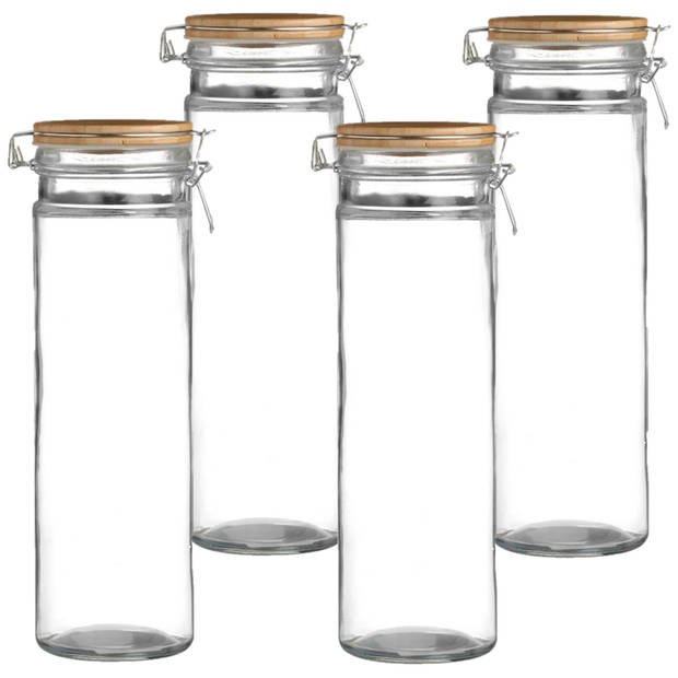 Urban Living Voorraadpot/bewaarpot - 4x - 1,9L - glas - met beugelsluiting - bamboe deksel - Voorraadpot