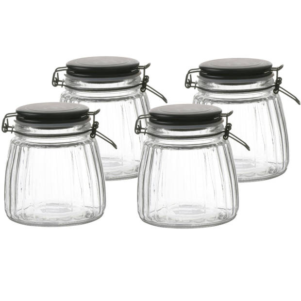 Urban Living Voorraadpot/bewaarpot - 4x - 1L - glas - met beugelsluiting - mat zwarte deksel - Voorraadpot