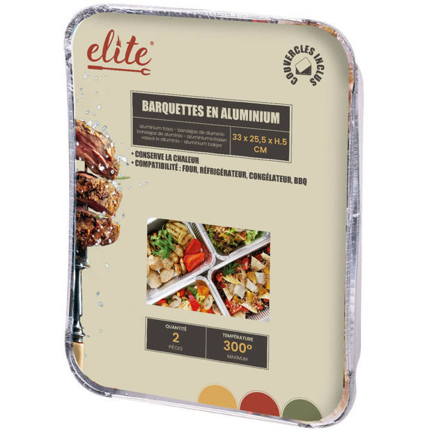 Elite Meal prep bewaar bakjes - Aluminium - 4x - 33 x 25 x 5 cm - met deksel - Vershoudbakjes