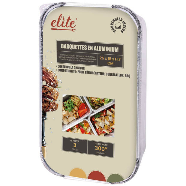 Elite Meal prep bewaar bakjes - Aluminium - 3x - 25 x 15 x 7 cm - met deksel - Vershoudbakjes