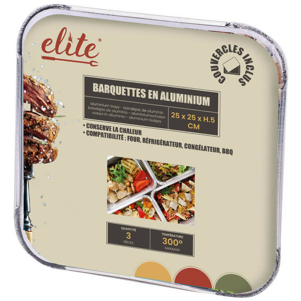 Elite Meal prep bewaar bakjes - Aluminium - 3x - 25 x 25 x 5 cm - met deksel - Vershoudbakjes
