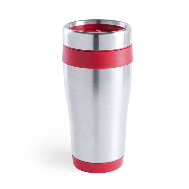 Warmhoudbeker/thermos isoleer koffiebeker/mok - RVS - zilver/rood - 450 ml - Thermosbeker