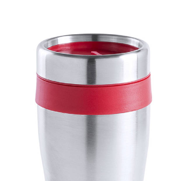 Warmhoudbeker/thermos isoleer koffiebeker/mok - RVS - zilver/rood - 450 ml - Thermosbeker