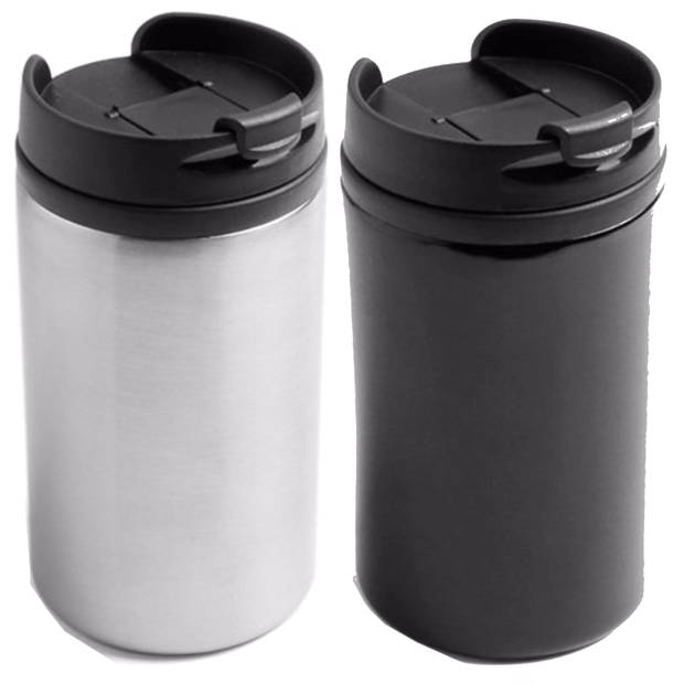 Set van 2x stuks Warmhoudbekers/warm houd bekers metallic zwart en grijs 320 ml - Thermosbeker