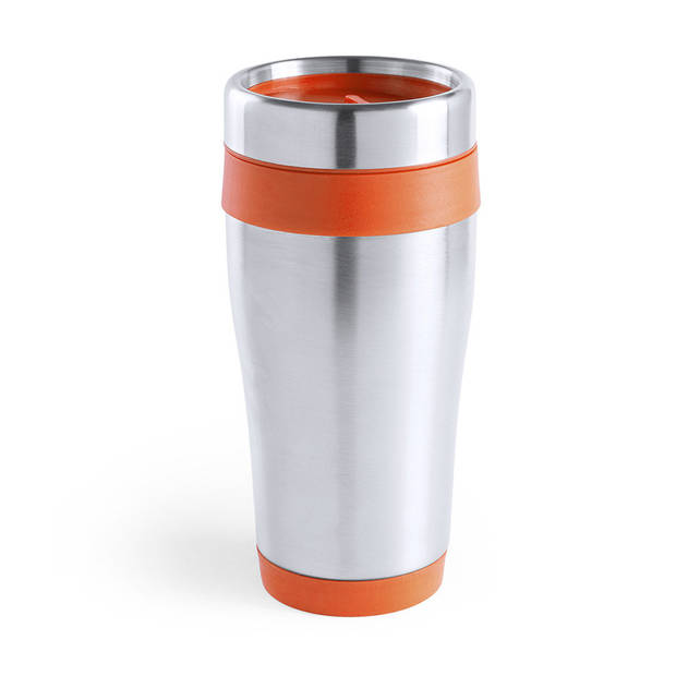 Warmhoudbekers/thermos isoleer koffiebekers/mokken - 2x stuks - RVS - zwart en oranje - 450 ml - Thermosbeker