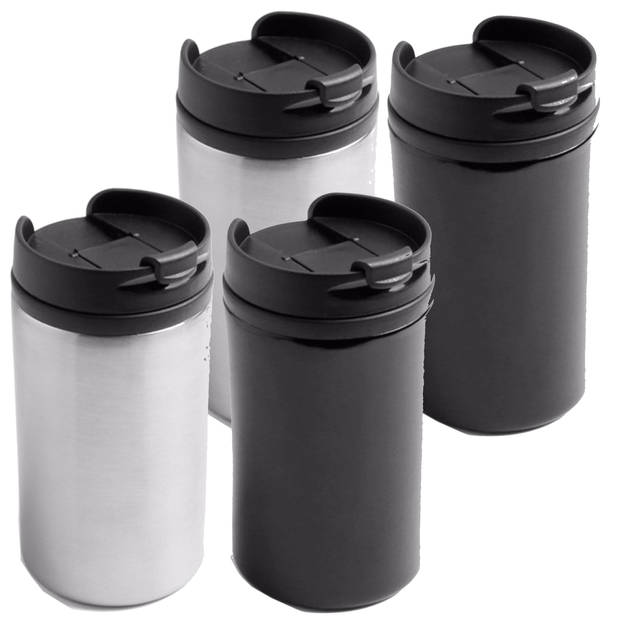 Set van 4x stuks Warmhoudbekers/warm houd bekers metallic zwart en grijs 320 ml - Thermosbeker