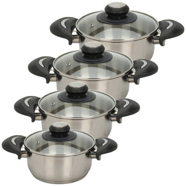 Excellent Houseware Kookpannen set - 4x - glazen deksel - RVS - 1.8/2.7/3.5/5.4 liter - Kookpannen