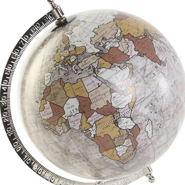 Items Deco Wereldbol/globe op voet - kunststof - beige/zilver - home decoratie artikel - D20 x H30 cm - Wereldbollen