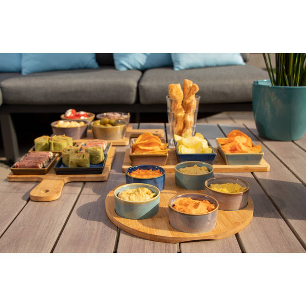 Serveerplank bamboe dia 25 cm met 5x luxe hapjes/saus/tapas schaaltjes - Serveerplanken