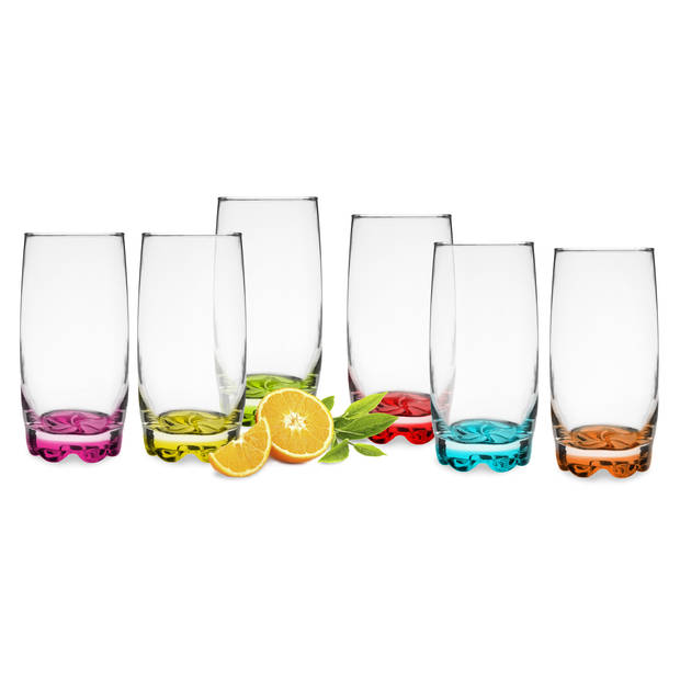 Glasmark longdrink/waterglazen Tumblers - glas - gekleurde basis - 6x stuks - 350 ml - Longdrinkglazen