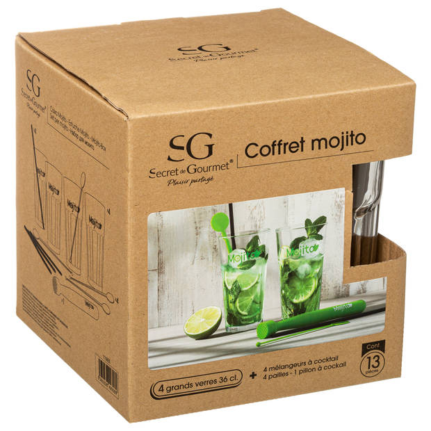 Secret de Gourmet Cocktails/Mojito glazen set - 4x stuks - met accessoires - 360 ml - Cocktailglazen