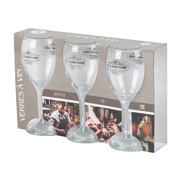Urban Living witte wijnglazen Comptoir - gedecoreerd glas - 3x stuks - 205 ml - Wijnglazen