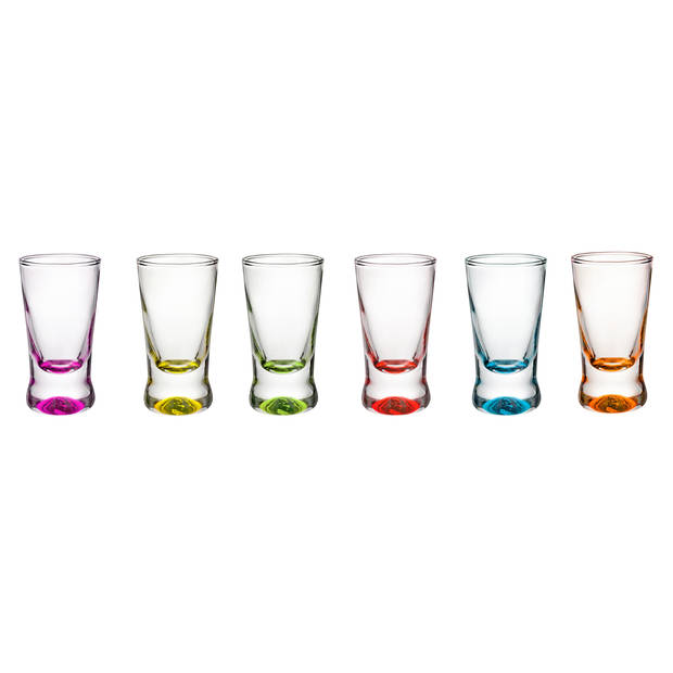 Glasmark Shotglaasjes/borrelglazen - glas - gekleurde onderzijde - 12x stuks - 25 ml - Drinkglazen