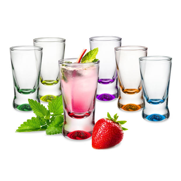 Glasmark Shotglaasjes/borrelglazen - glas - gekleurde onderzijde - 12x stuks - 25 ml - Drinkglazen