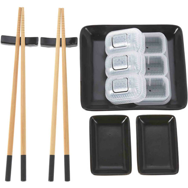 16-delige sushi serveer set voor 4 personen - keramiek - zwart - Bordjes
