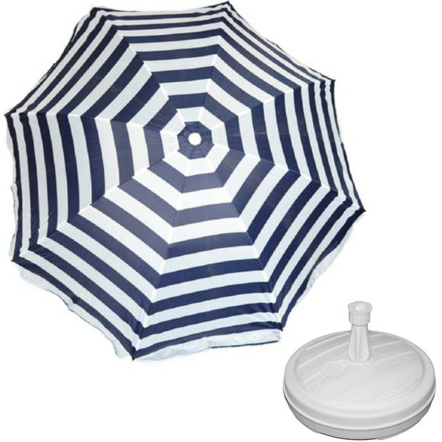 Parasol - Blauw/wit - D180 cm - incl. draagtas - parasolvoet - 42 cm - Parasols