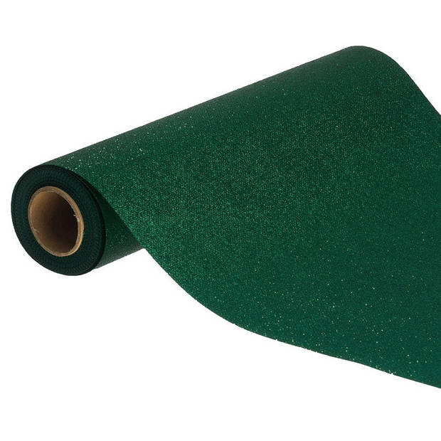 Chaks Tafelloper op rol - donker groene glitter - 30 x 500 cm - polyester - Feesttafelkleden