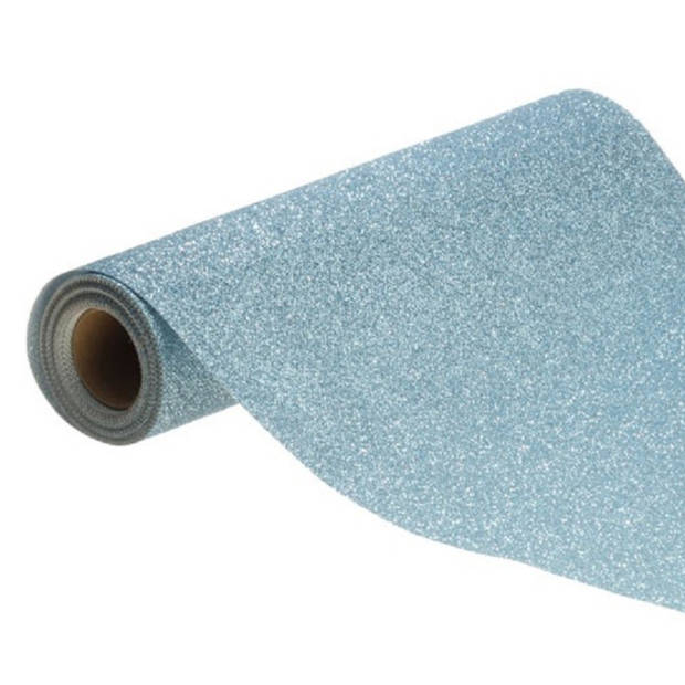 Chaks Tafelloper op rol - licht blauwe glitter - 30 x 500 cm - polyester - Feesttafelkleden