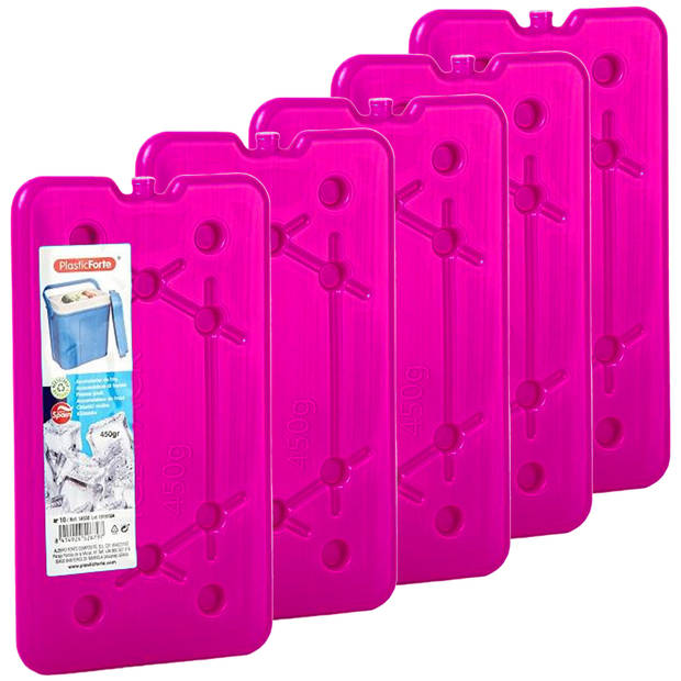 Plasticforte koelelementen 450 gram - 5x - 14 x 25 x 1 cm - roze - voor koelbox en koeltas - Koelelementen