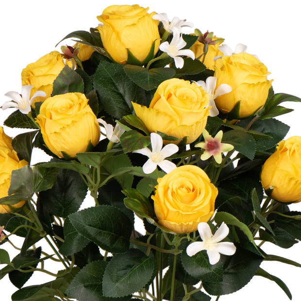Louis Maes Kunstbloemen boeket rozen/bloesem met bladgroen - geel - H49 cm - Bloemstuk - Kunstbloemen