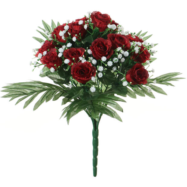 Louis Maes Kunstbloemen boeket rozen/gipskruid - 2x - rood - H36 cm - Bloemstuk - Bladgroen - Kunstbloemen