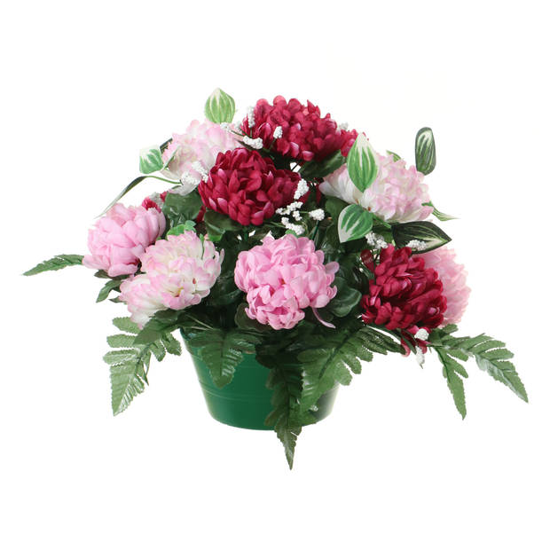 Louis Maes Kunstbloemen in pot - cerise/roze - D30 x H24 cm - Bloemstuk ornament - crysanten met bladgroen - Kunstbloeme