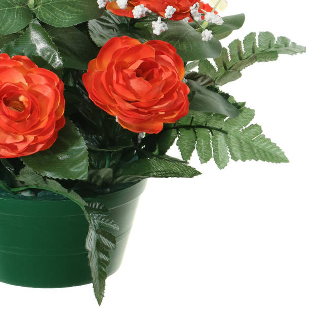 Louis Maes Kunstbloemen plantje in pot - rood - 25 cm - Bloemstuk ornament - rozen met bladgroen - Kunstbloemen