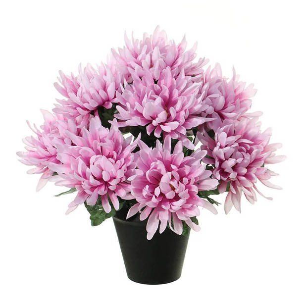 Louis Maes Kunstbloemen plant in pot - 2x - lila paars tinten - 28 cm - Bloemenstuk ornament - Chrysanten - Kunstbloemen
