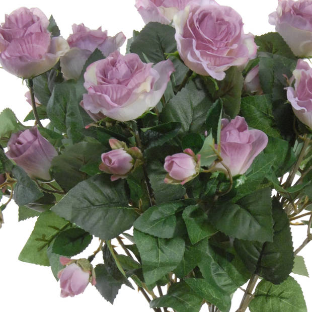 Louis Maes Kunstbloemen boeket rozen - lila paars - H50 cm - Bloemstuk - Bladgroen - Kunstbloemen