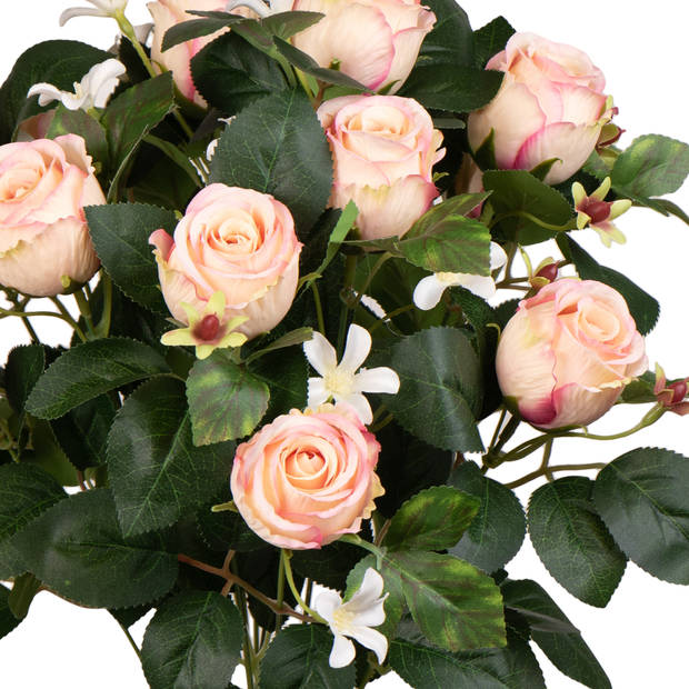 Louis Maes Kunstbloemen boeket rozen/bloesem met bladgroen - lichtroze - H49 cm - Bloemstuk - Kunstbloemen