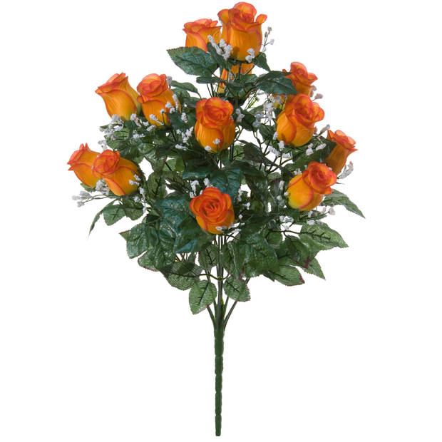 Louis Maes Kunstbloemen boeket rozen/gipskruid - 2x - oranje - H56 cm - Bloemstuk - Bladgroen - Kunstbloemen