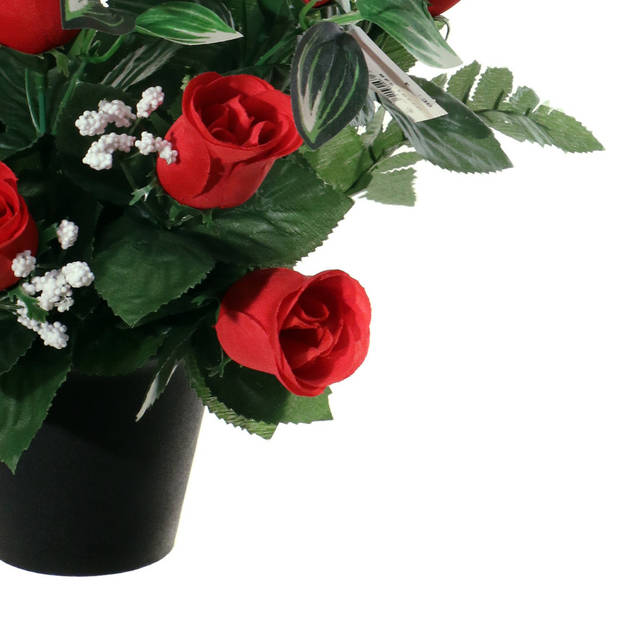Louis Maes Kunstbloemen in pot - rood - H35 cm - Bloemstuk ornament - rozen/gipskruid met bladgroen - Kunstbloemen