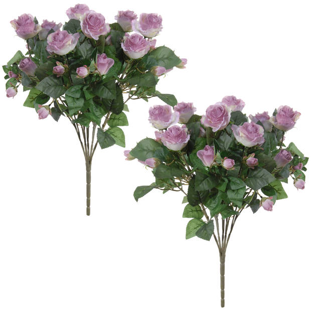 Louis Maes Kunstbloemen boeket rozen - 2x - lila paars - H50 cm - Bloemstuk - Bladgroen - Kunstbloemen