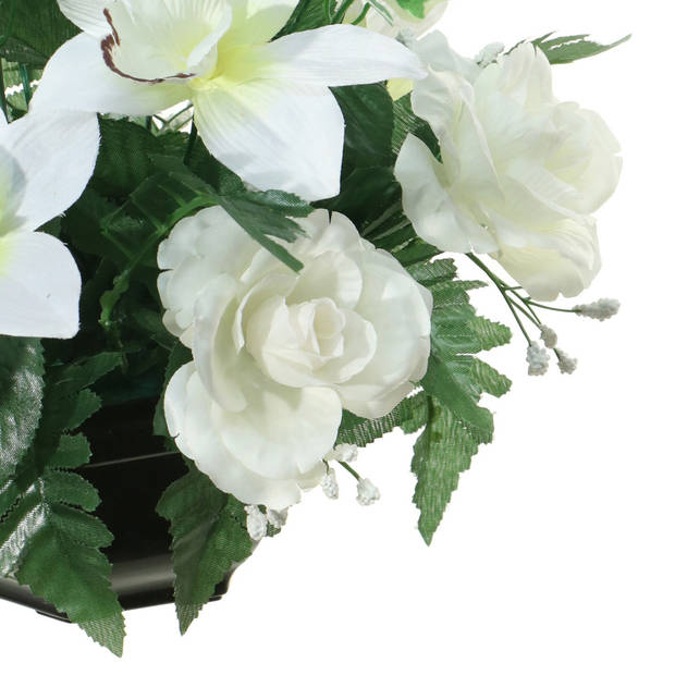 Louis Maes Kunstbloemen plantje in pot - kleuren creme/wit - 25 cm - Bloemstuk ornament - orchidee/rozen met bladgroen -