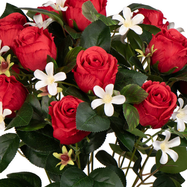 Louis Maes Kunstbloemen boeket rozen/bloesem met bladgroen - rood - H49 cm - Bloemstuk - Kunstbloemen