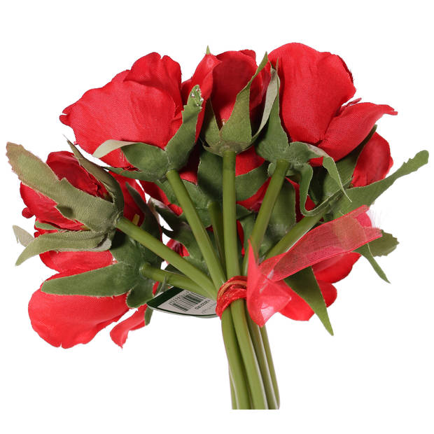 TopArt Boeketje kunstbloemen - rozen - rood - 20 cm - 9x stuks - Kunstbloemen