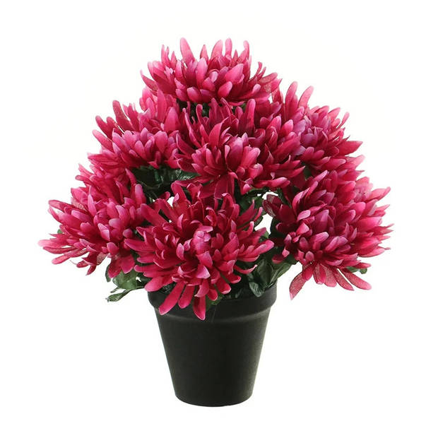 Louis Maes Kunstbloemen plant in pot - 2x - cerise roze tinten - 28 cm - Bloemenstuk ornament - Chrysanten - Kunstbloeme