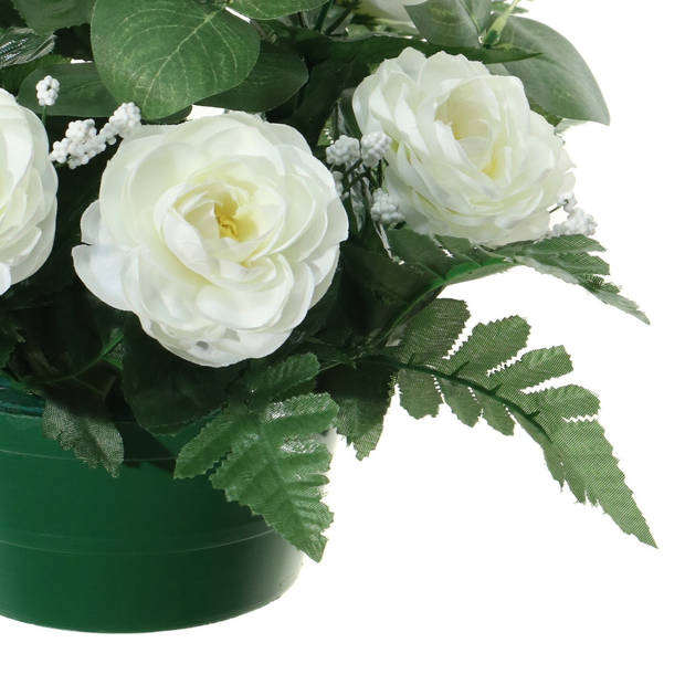 Louis Maes Kunstbloemen plantje in pot - wit - 25 cm - Bloemstuk ornament - rozen met bladgroen - Kunstbloemen